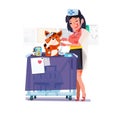 Cute veterinarian character design. Cat with sick paw at veterinarian - vector illustration.