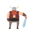 Cute viking warrior with horn helmet and steel sword Royalty Free Stock Photo