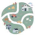 Cute village map with houses and animals. Hand drawn vector illustration of a farm. Town map creator