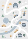 Cute village map with houses and animals. Hand drawn vector illustration of a farm. Town map creator