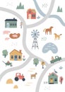 Cute village map with houses and animals. Hand drawn vector illustration of a farm. Town map creator Royalty Free Stock Photo