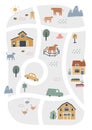 Cute village map with houses and animals. Hand drawn vector illustration of a farm. Town map creator