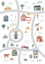 Cute village map with houses and animals. Hand drawn vector illustration of a farm.