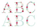 Cute vintage alphabet letters with hand drawn rustic flowers