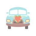 Cute Vintage Car Decorated with Flowers and Heart, Romantic Wedding Retro Auto, Front View Vector Illustration