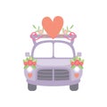 Cute Vintage Car Decorated with Flowers and Red Heart, Romantic Wedding Retro Auto, Front View Vector Illustration