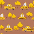 Cute vintage cartoon yellow taxi cars driving along the road and trees in warm bright colors. Vector illustration Royalty Free Stock Photo