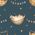 Cute vintage cats on vacation seamless pattern, watercolor whimsical texture