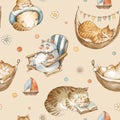 Cute vintage cats on vacation seamless pattern, watercolor whimsical texture