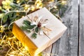 Cute vintage christmas new year gifts mock up on wooden background