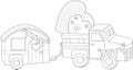 Cute vintage classic truck car with trailer fill with hearts sketch template. Cartoon vector illustration in black and white