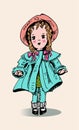 Cute vintage colored doll in coat and hat. Antique toys of the last century for kids. Vector hand drawn illustration.