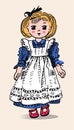 Cute vintage colored doll in dress and apron. Antique toys of the last century for kids. Vector hand drawn illustration.