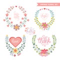 Cute vintage floral wreath set with hearts Royalty Free Stock Photo