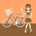 Cute vintage girl blowing dandelion with bicycle, flower, and bird in brown theme background