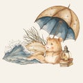 Cute vintage hamsters on vacation greeting card, watercolor whimsical illustration