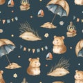 Cute vintage hamsters on vacation seamless pattern, watercolor whimsical texture on black