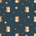 Cute vintage hamsters on vacation seamless pattern, watercolor whimsical texture on black