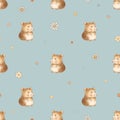 Cute vintage hamsters on vacation seamless pattern, watercolor whimsical texture on blue