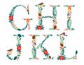 Cute vintage hand drawn rustic floral Christmas alphabet