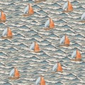 Cute vintage ocean waves cartoon ship seamless pattern, watercolor whimsical sea texture