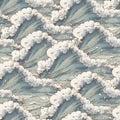 Cute vintage ocean waves seamless pattern, watercolor whimsical sea texture