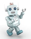 Cute vintage robot enjoying dancing on gray background.