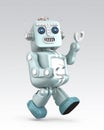 Cute vintage robot enjoying dancing on gray background.