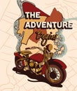 Cute vintage sticker with motorcycle with map on the background and adventure begins lettering