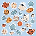 Cute vintage tableware stickers set vector illustration Royalty Free Stock Photo