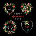 Cute vintage Valentine`s Day frames as rustic hand drawn first spring flowers in heart shape Royalty Free Stock Photo