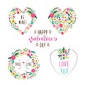 Cute vintage Valentine`s Day frames as rustic hand drawn first spring flowers in heart shape Royalty Free Stock Photo