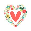 Cute vintage Valentine`s Day symbol as rustic hand drawn first spring flowers in heart shape Royalty Free Stock Photo