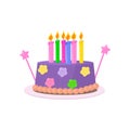 Cute violet birthday cake in childish design on white