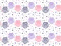 Cute violet, pink and grey owls with stars in the background