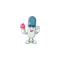 Cute vitamin pills cartoon character enjoying an ice cream