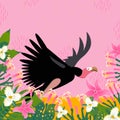 Cute vulture for different design. Cartoon style icon of the bird with tropical flowers, leaves Royalty Free Stock Photo