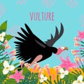 Cute vulture for different design. Cartoon style icon of the bird with tropical flowers, leaves Royalty Free Stock Photo