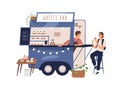 Cute waffle bar food truck with sweet snacks. Modern local street cafe with takeaway food and happy woman eating tasty