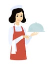 Cute waitress with the tray dish.Cartoon vector flat illustration design.