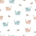 Cute Walking Cat and Mouse Vector Cartoon Seamless Pattern