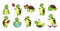 Cute walking turtle, tortoise activities. Happy biology wildlife, green zoo animals in different poses, nature comics