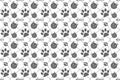 Cute wallpaper seamless pattern with white background with stripes, cartoon cat face pattern, gray herringbone footprints and