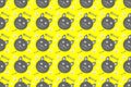 Cute wallpaper seamless pattern with yellow background, cartoon cat face pattern, gray herringbone footprints and footprints, for