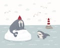 Cute walrus on iceberg, shark, lighthouse, gulls