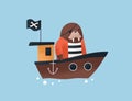 Cute walrus pirate in ship, traveling by sea. Sailor captain, baby animal in ocean. Funny childrens character at