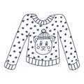 Cute warm knitted sweater with snowflakes and funny bear in the hat. Woolen pullover for cold winter season. Knitwear, handmade