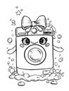 Cute washing machine with soap suds and bubbles. Cartoon character coloring book.