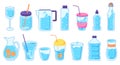 Cute water bottle doodles, reusable drink containers. Bottles, flasks, jugs with iced water or lemon, refreshing summer Royalty Free Stock Photo