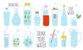 Cute water doodle. Bottle, glass, thermos and decanter of water, water drop, ice cubes and splash, hand drawn trendy Royalty Free Stock Photo
